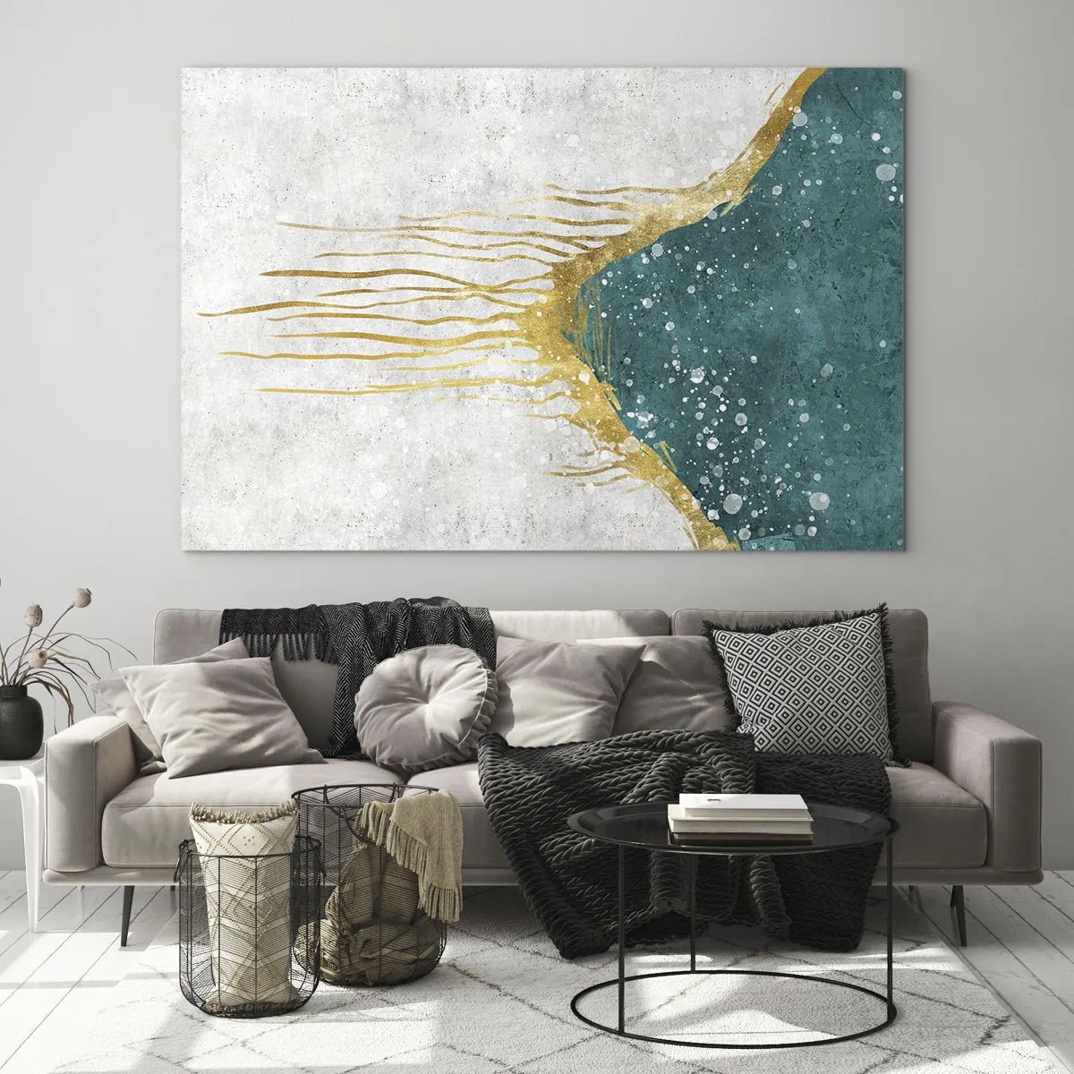 Obraz na skle - Abstraktný zlatý vzor na tyrkysovo-bielom pozadí - 70x50cm - Zlatý príliv - Moderná nástenná dekorácia do obývacej izby a spálne ARTTOR