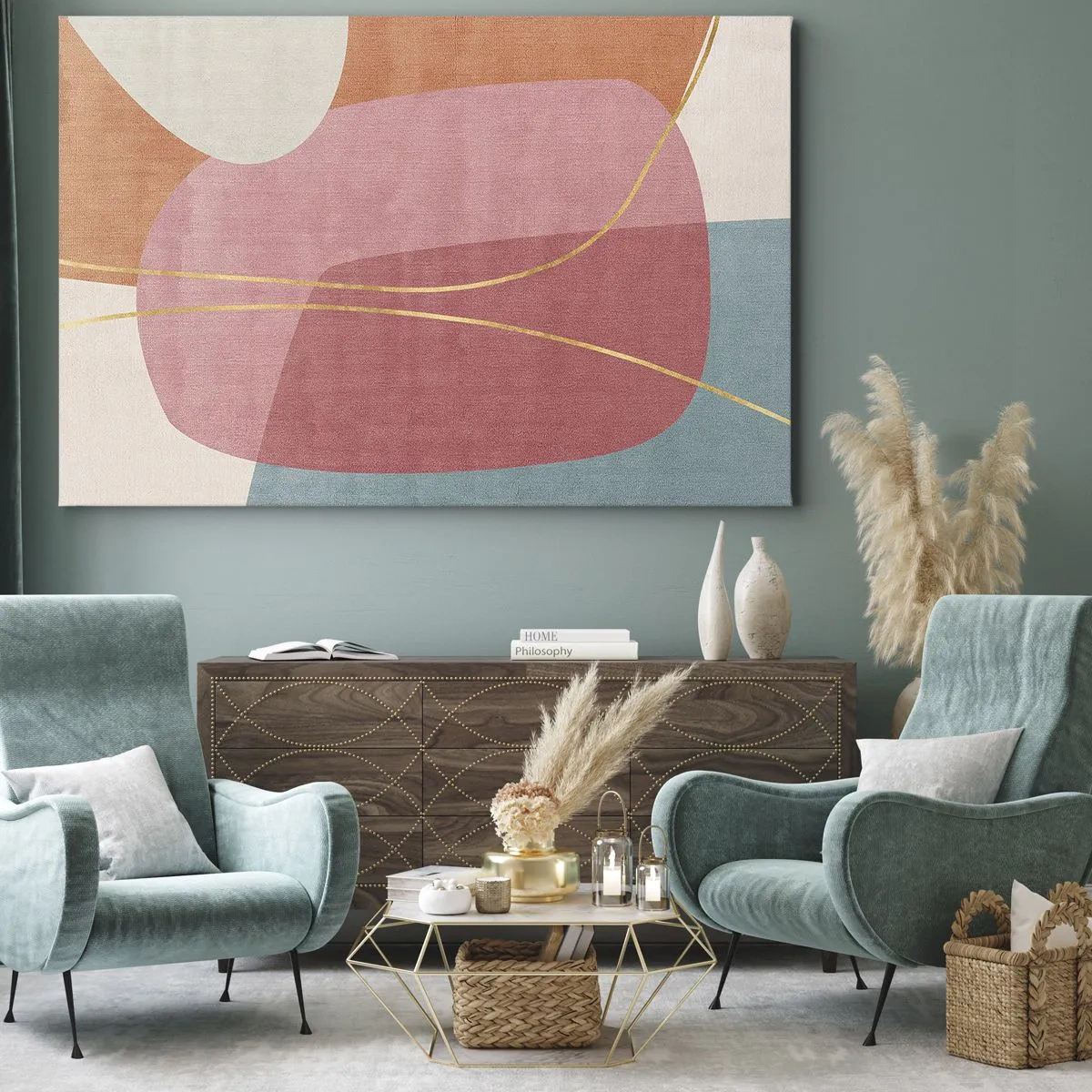 Obraz na plátne - Abstraktné tvary v pastelových farbách s jemnými líniami - 70x50cm - Pastelová kompozícia so zlatou niťou - Moderná nástenná dekorácia do obývacej izby a spálne ARTTOR