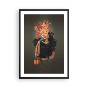 Plagát v čiernom ráme - Umelecký portrét ženy s kvetmi, tekvicou a čiernou mačkou. - 50x70cm - Kúzlo čarodejnice - Moderná nástenná dekorácia do obývacej izby a spálne ARTTOR