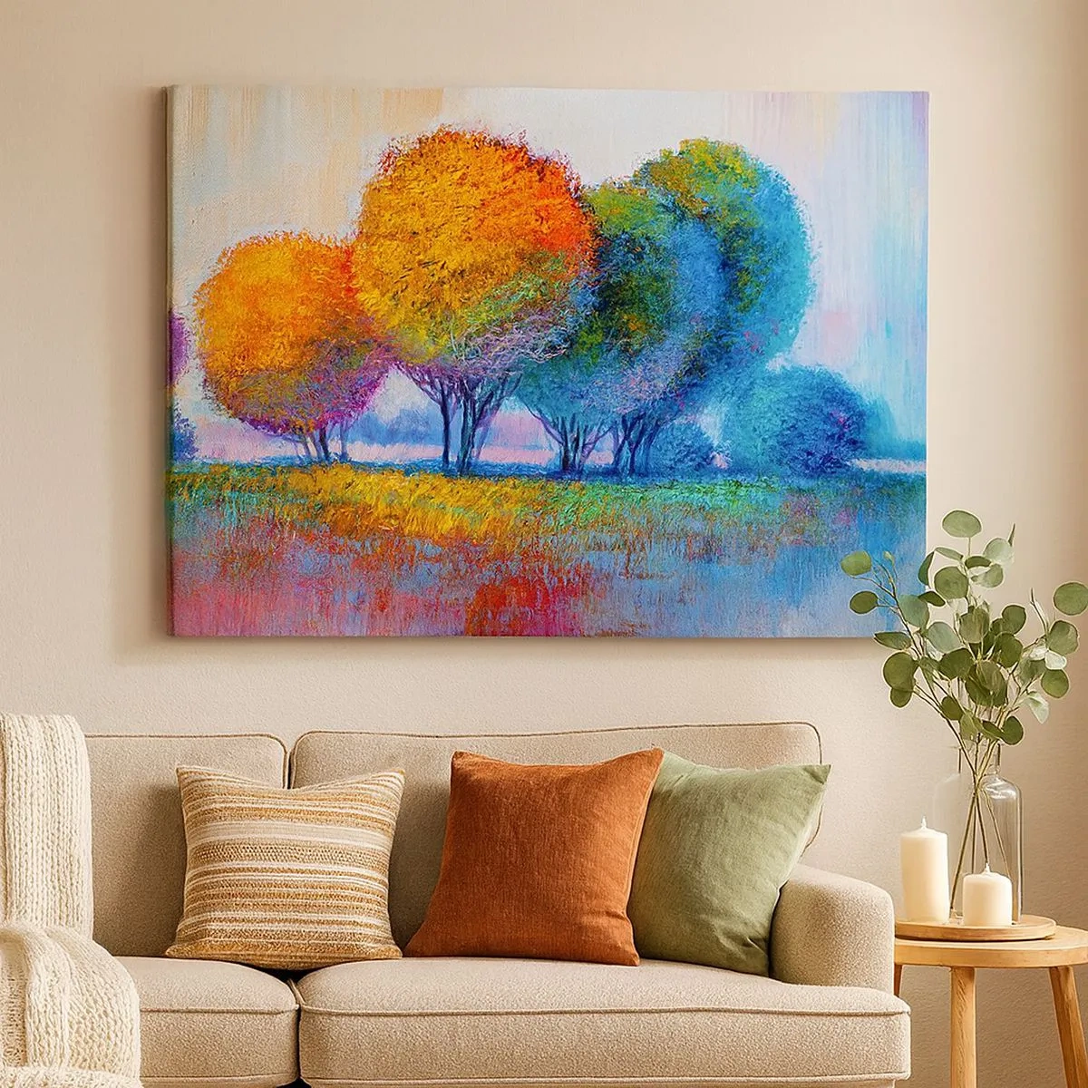 Obraz na plátne - Farebné stromy v impresionistickej krajine - 70x50cm - Trs žiarivých farieb - Moderná nástenná dekorácia do obývacej izby a spálne ARTTOR