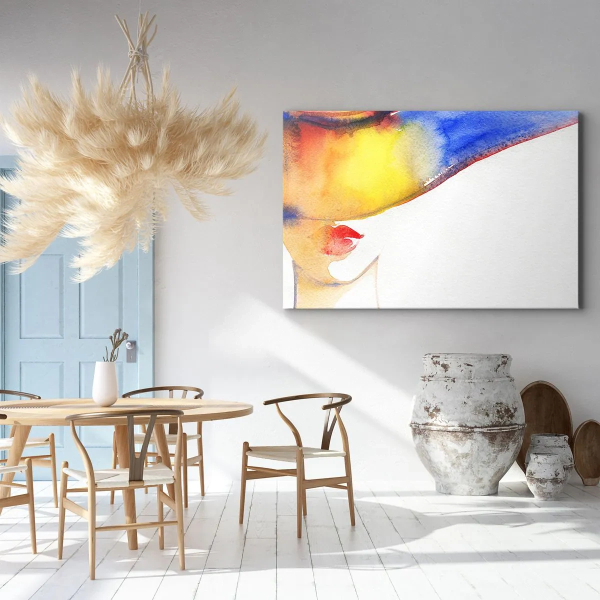 Obraz na plátne - Minimalistická akvarelová maľba ženského profilu s farebným klobúkom. - 70x50cm - Portrét dámy - Moderná nástenná dekorácia do obývacej izby a spálne ARTTOR