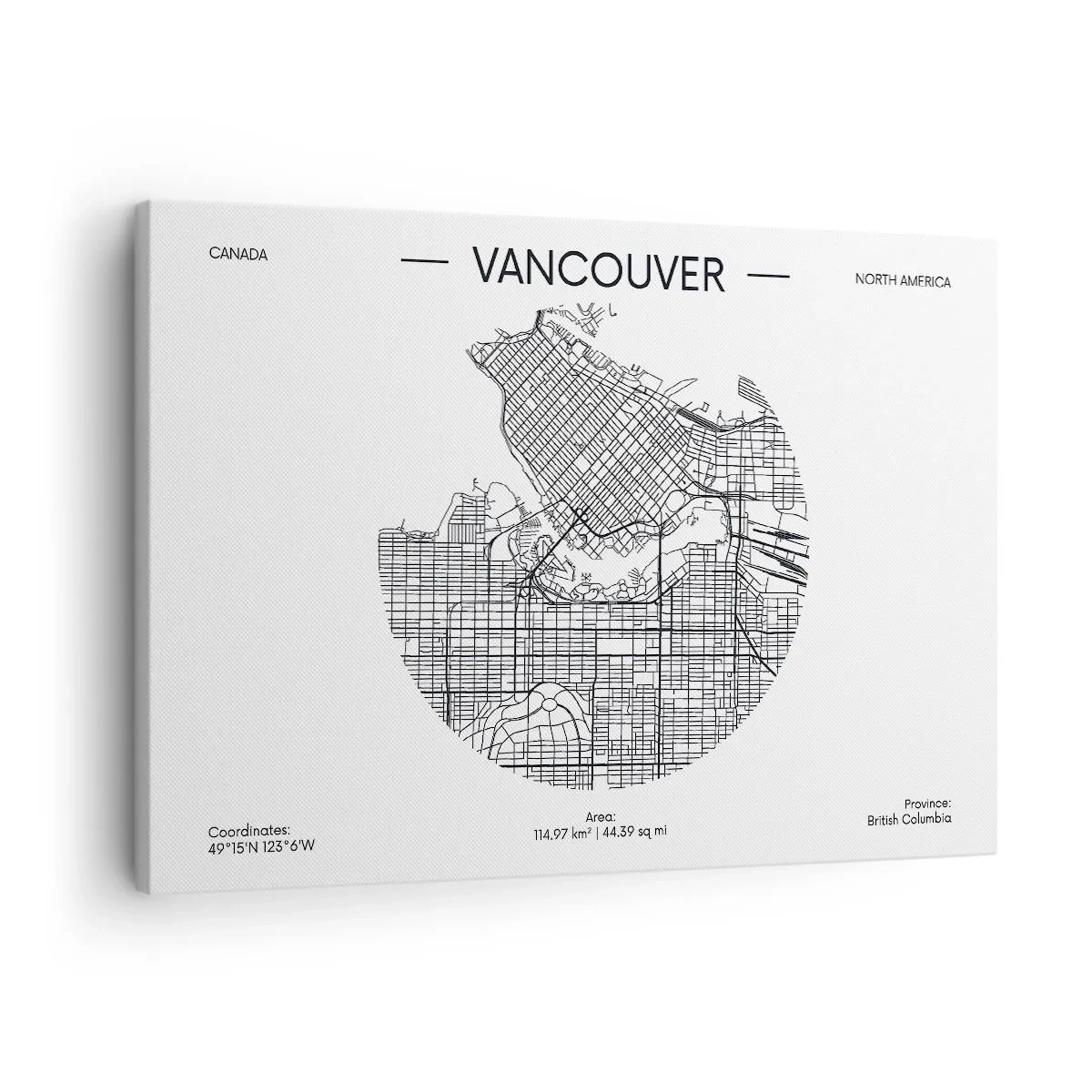 Obraz na plátne - Mapa Vancouveru v minimalistickom čiernobielom štýle - 70x50cm - Anatómia Vancouveru - Moderná nástenná dekorácia do obývacej izby a spálne ARTTOR