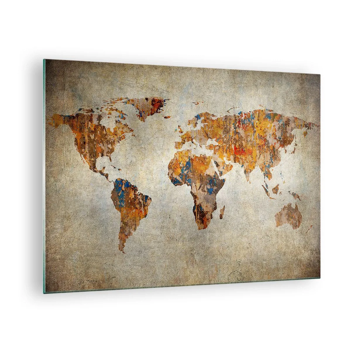 Obraz na skle - Umelecká mapa sveta v teplých odtieňoch - 70x50cm - Skutočne veľký svet - Moderná nástenná dekorácia do obývacej izby a spálne ARTTOR