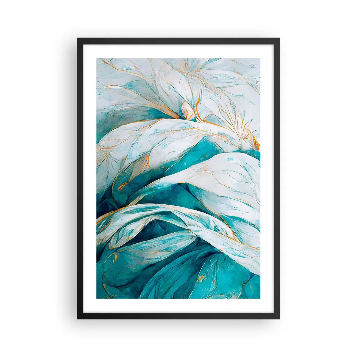 Plagát v čiernom ráme - Abstraktné listy v odtieňoch tyrkysovej a bielej s jemnou zlatou - 50x70cm - Modrá abstrakcia so zlatým motívom - Moderná nástenná dekorácia do obývacej izby a spálne ARTTOR