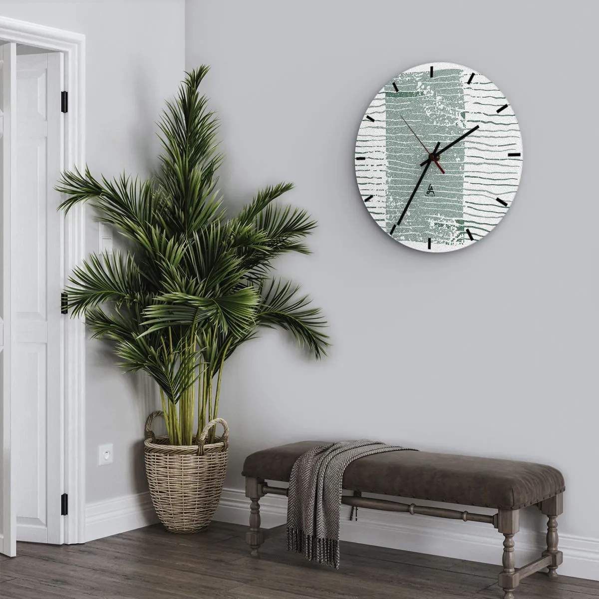 Nástenné hodiny - Grafická kompozícia s horizontálnymi čiarami v odtieňoch morskej zelenej. - 30x30cm - Morská abstrakcia - Moderná nástenná dekorácia do obývacej izby, kuchyne a spálne ARTTOR