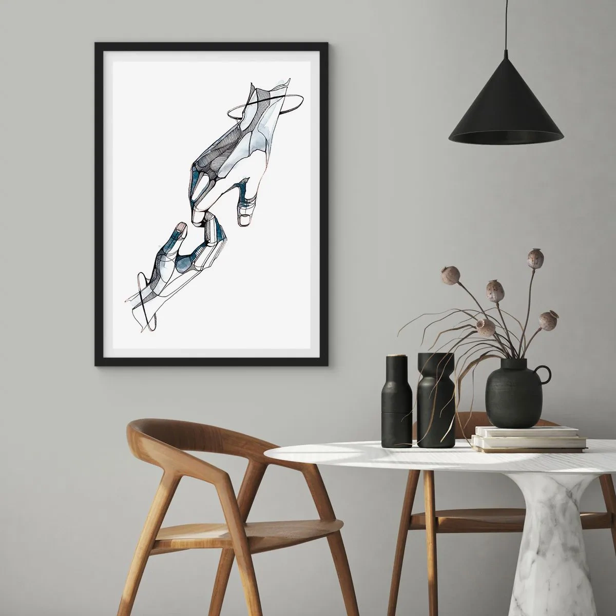 Plagát v čiernom ráme - Abstraktné ruky v umeleckej kompozícii čiar a farieb - 50x70cm - Dobré gesto - Moderná nástenná dekorácia do obývacej izby a spálne ARTTOR