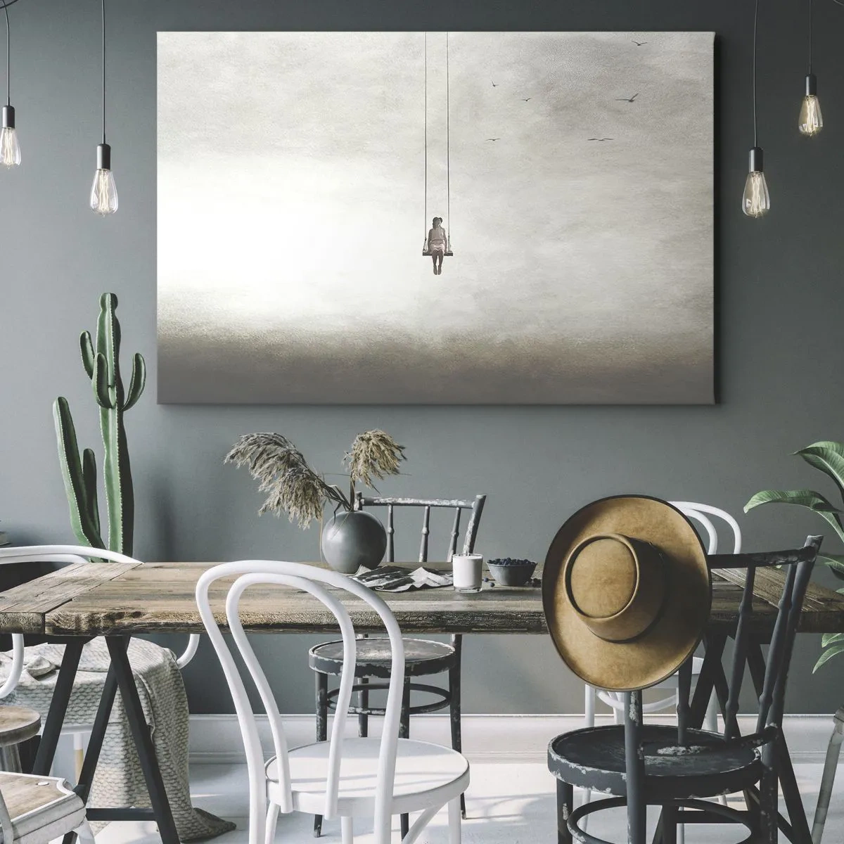 Obraz na plátne - Postava na hojdačke zavesená v priestore - 70x50cm - Dieťa v nás - Moderná nástenná dekorácia do obývacej izby a spálne ARTTOR