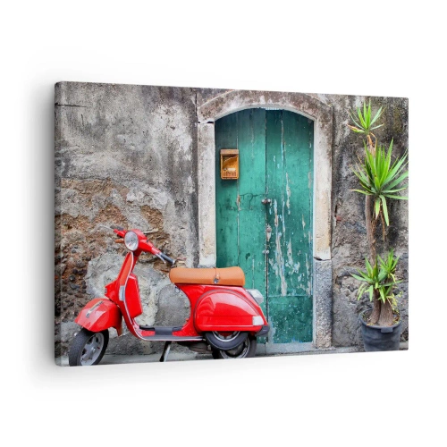 Obraz na plátne - Červený skúter pri zelených dverách - 70x50cm - Talianske prázdniny - Moderná nástenná dekorácia do obývacej izby a spálne ARTTOR