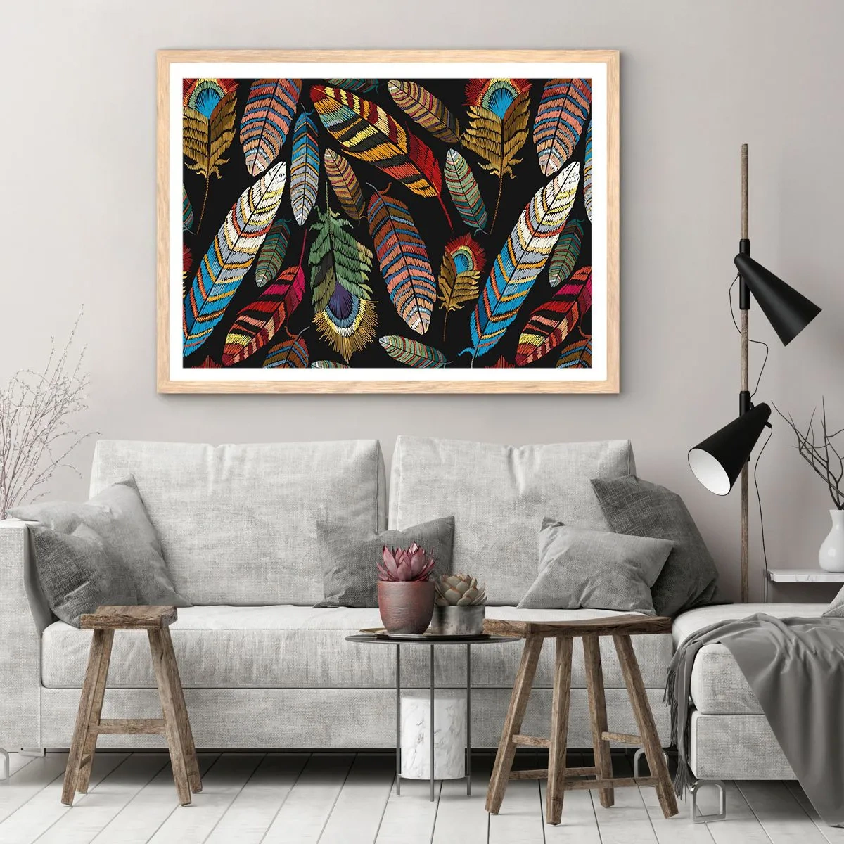 Plagát v ráme zo svetlého duba - Vtáčí karneval - 100x70 cm