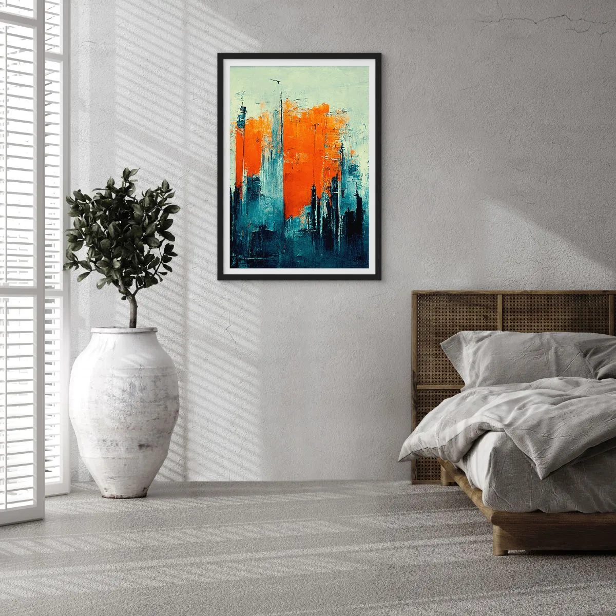 Plagát v čiernom ráme - Abstraktná panoráma mesta v odtieňoch oranžovej a námorníckej modrej - 50x70cm - Moderná krajina - Moderná nástenná dekorácia do obývacej izby a spálne ARTTOR
