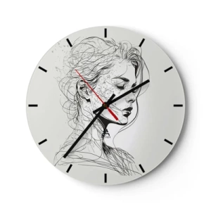 Nástenné hodiny - Čiernobiela skica ženskej tváre v myšlienkach - 30x30cm - Portrét v zamyslení - Moderná nástenná dekorácia do obývacej izby, kuchyne a spálne ARTTOR