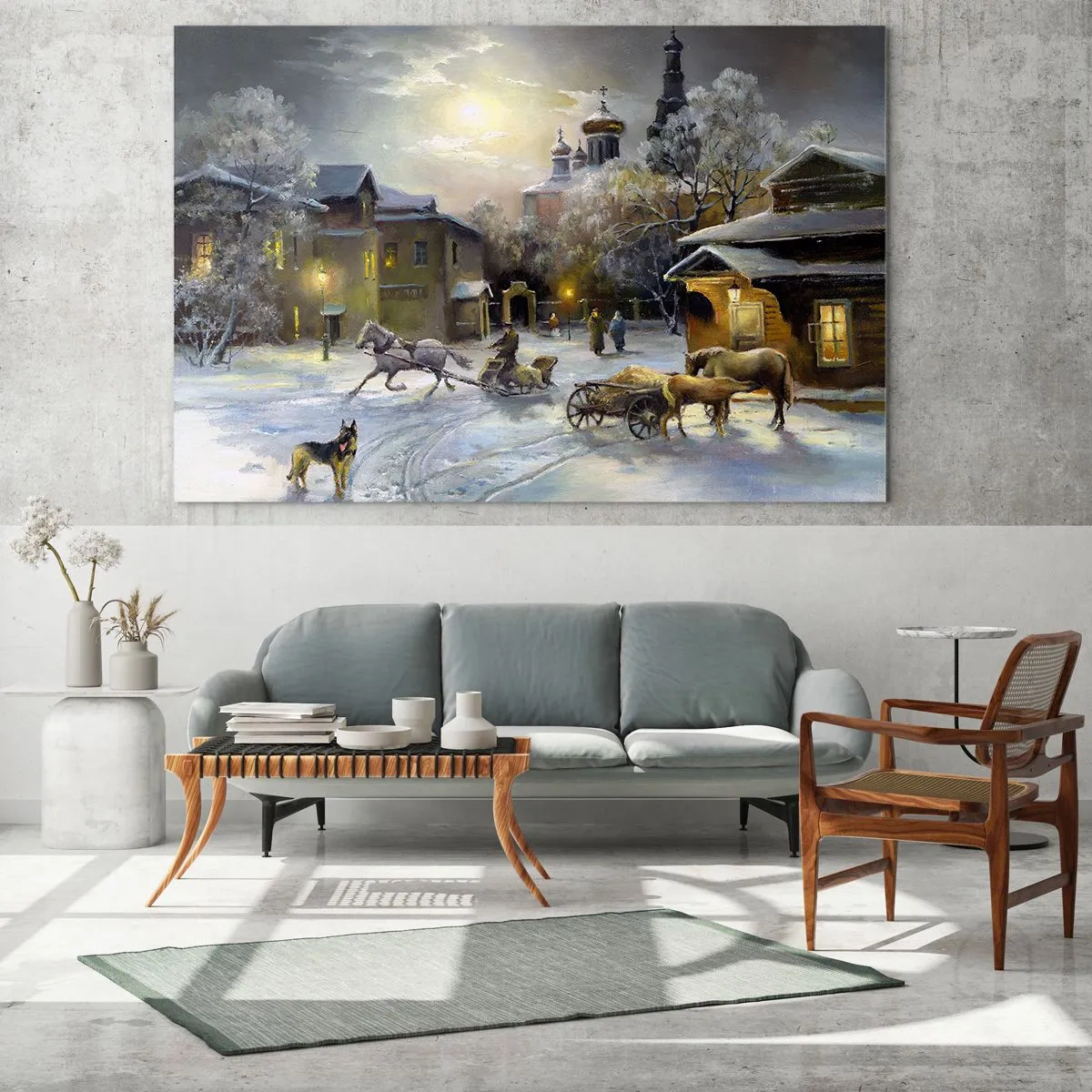 Obraz na skle - Zimná panoráma mesta osvetlená mesačným svetlom - 70x50cm - Kúzlo ruskej zimy - Moderná nástenná dekorácia do obývacej izby a spálne ARTTOR