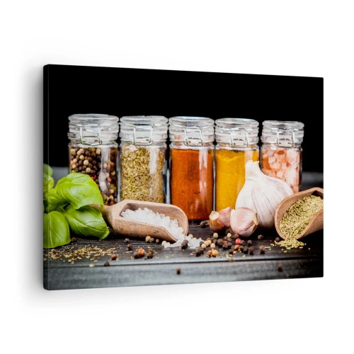 Obraz na plátne - Bylinky a koreniny v sklenených pohároch na tmavom pozadí - 70x50cm - Aby mal život chuť - Moderná nástenná dekorácia do obývacej izby a spálne ARTTOR