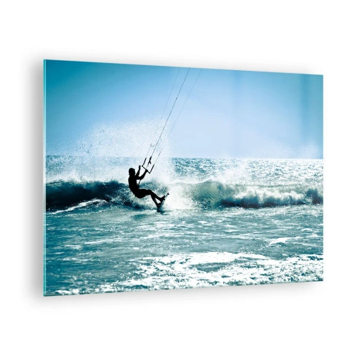 Obraz na skle - Kitesurfer na oceánskych vlnách za slnečného dňa - 70x50cm - Nechajte sa uniesť - Moderná nástenná dekorácia do obývacej izby a spálne ARTTOR