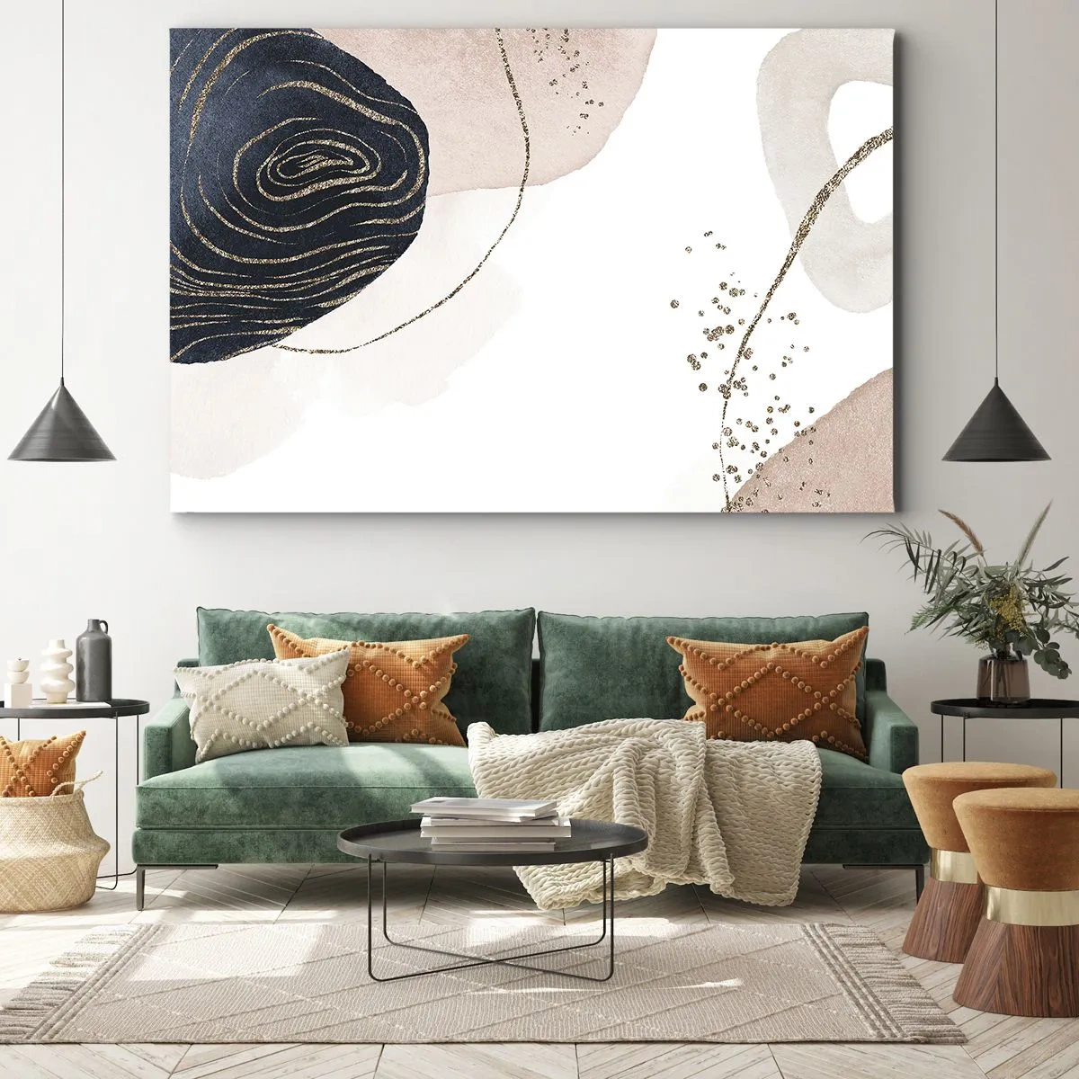Obraz na plátne - Abstraktné tvary v odtieňoch béžovej a tmavomodrej so zlatými detailmi - 70x50cm - Všetko plynie - Moderná nástenná dekorácia do obývacej izby a spálne ARTTOR