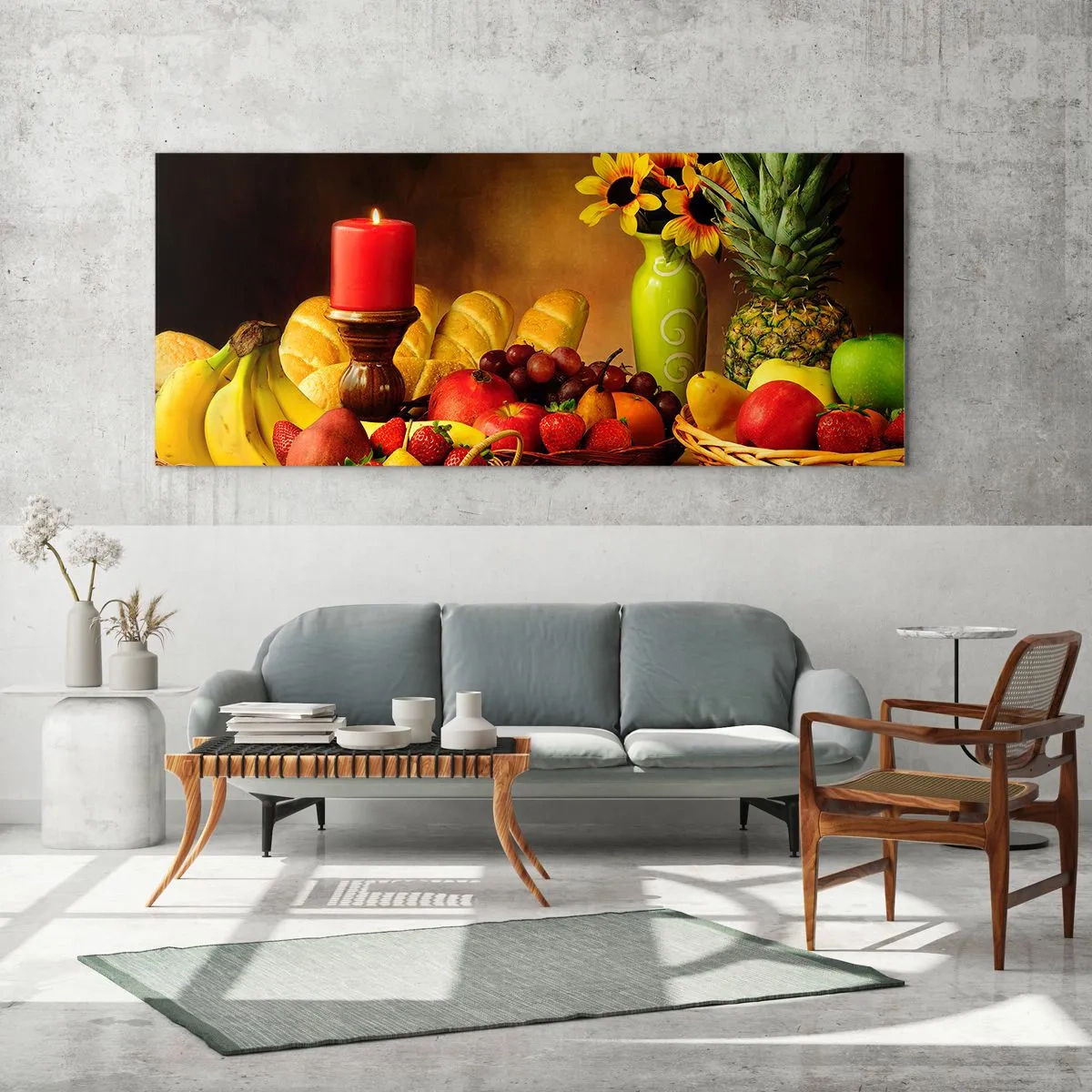 Obraz na skle - Zátišie s pečivom a ovocím - 90x30 cm