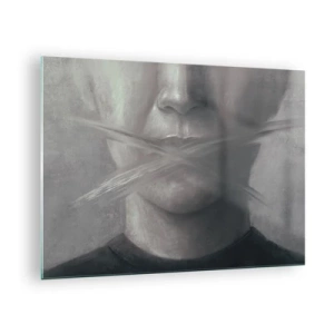 Obraz na skle - Portrét osoby s rozmazanými perami v odtieňoch sivej - 70x50cm - Ani slovo - Moderná nástenná dekorácia do obývacej izby a spálne ARTTOR