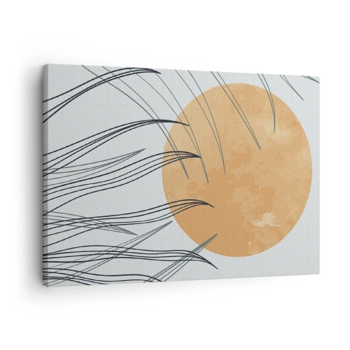 Obraz na plátne - Abstraktné steblá trávy na pozadí veľkého oranžového slnka - 70x50cm - Vždy ku slnku - Moderná nástenná dekorácia do obývacej izby a spálne ARTTOR