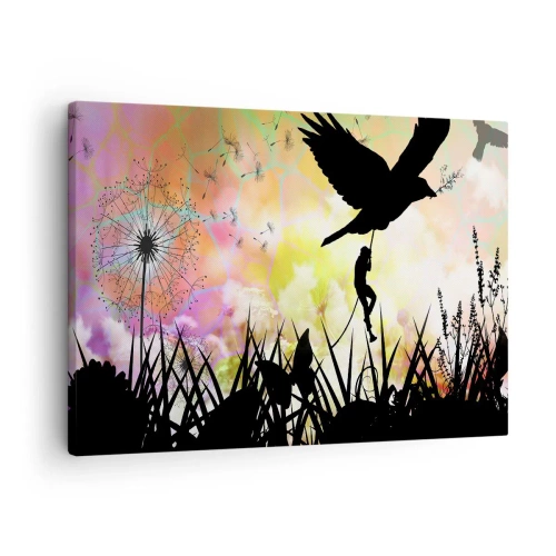 Obraz na plátne - Silueta prírody s vtákom a púpavou - 70x50cm - V rozprávkovej atmosfére - Moderná nástenná dekorácia do obývacej izby a spálne ARTTOR