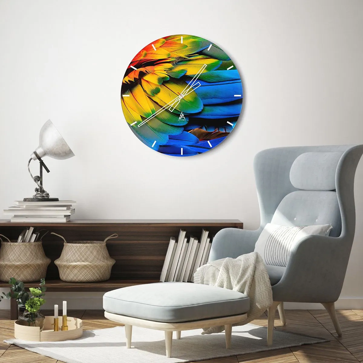 Nástenné hodiny - Žiarivé perie tropického vtáka - 30x30cm - Nebeský vták - Moderná nástenná dekorácia do obývacej izby, kuchyne a spálne ARTTOR