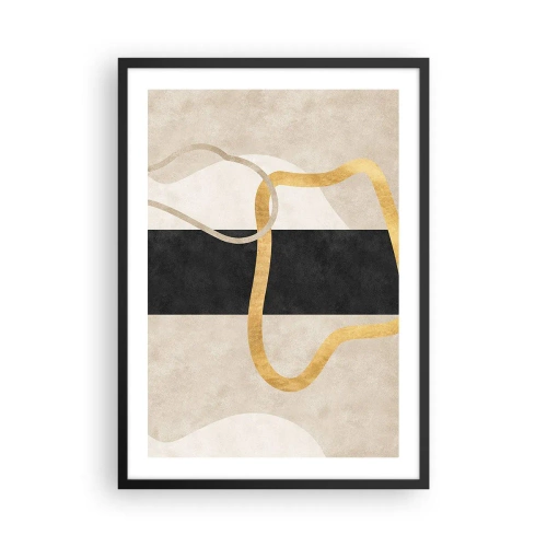 Plagát v čiernom ráme - Abstraktná kompozícia s čiernym, zlatým a neutrálnym pozadím - 50x70cm - Tvary v slučke - Moderná nástenná dekorácia do obývacej izby a spálne ARTTOR