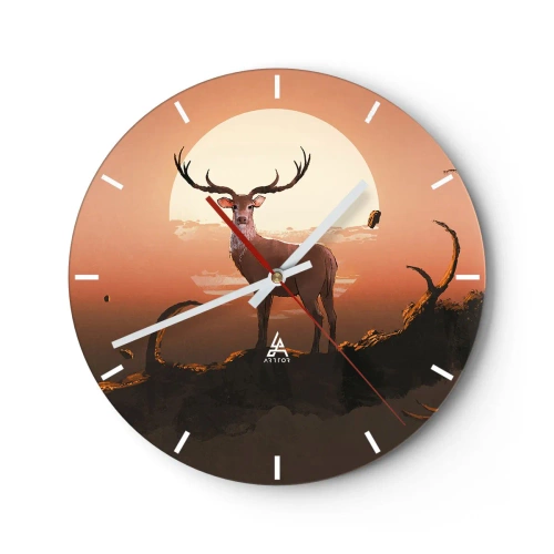 Nástenné hodiny - Silueta jeleňa proti zapadajúcemu slnku - 30x30cm - Táto noc sa nepodobá iným - Moderná nástenná dekorácia do obývacej izby, kuchyne a spálne ARTTOR