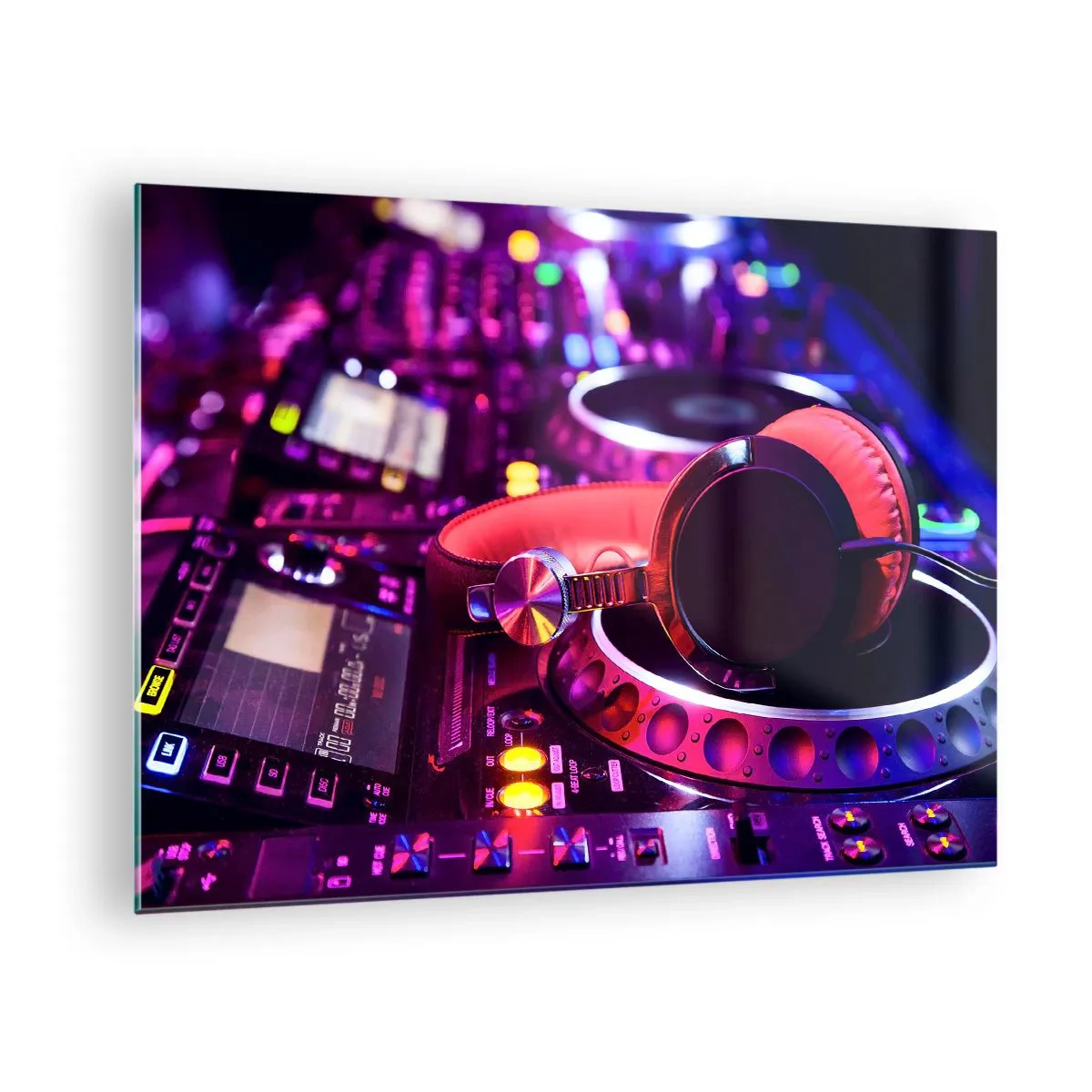 Obraz na skle - Farebné DJ vybavenie s červenými slúchadlami - 70x50cm - Než začne zábava - Moderná nástenná dekorácia do obývacej izby a spálne ARTTOR