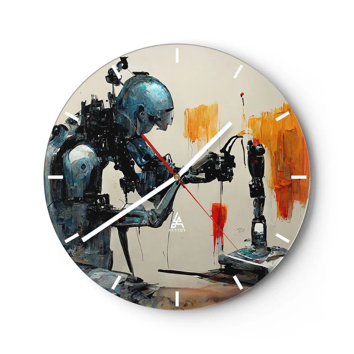 Nástenné hodiny - Humanoidný robot zostavujúci umelú končatinu - 30x30cm - Už zajtra… - Moderná nástenná dekorácia do obývacej izby, kuchyne a spálne ARTTOR