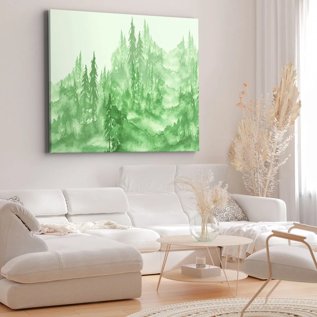 Obraz na plátne - Zelený les v akvarelovom štýle na svetlom pozadí - 70x50cm - Rozmazaný zelenou hmlou - Moderná nástenná dekorácia do obývacej izby a spálne ARTTOR