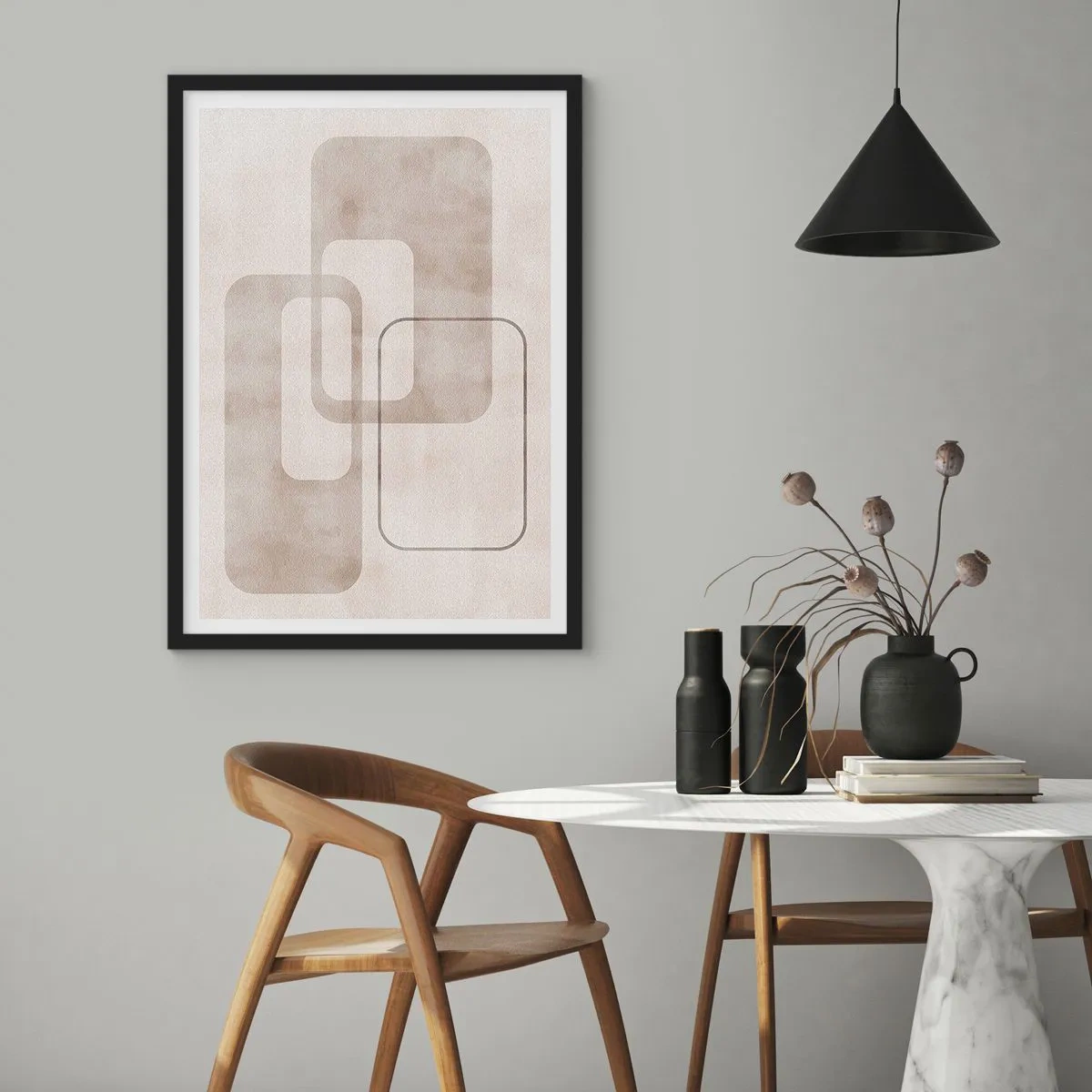 Plagát v čiernom ráme - Minimalistické geometrické tvary v odtieňoch béžovej - 50x70cm - Geometrická fúga - Moderná nástenná dekorácia do obývacej izby a spálne ARTTOR