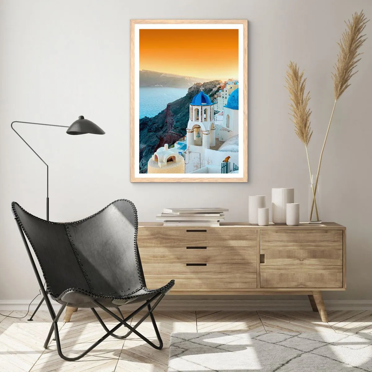 Plagát v ráme zo svetlého duba - Santorini - v náruči skál - 50x70 cm