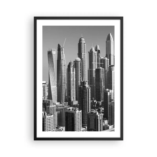 Plagát v čiernom ráme - Panoráma mesta s modernými mrakodrapmi - 50x70cm - Mesto nad púšťou - Moderná nástenná dekorácia do obývacej izby a spálne ARTTOR