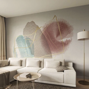Fototapeta Standard Eco - Farebné akvarelové špliechanie spojené zlatými čiarami - 100x70cm - Korálky priestoru - Moderná nástenná dekorácia do obývacej izby a spálne ARTTOR