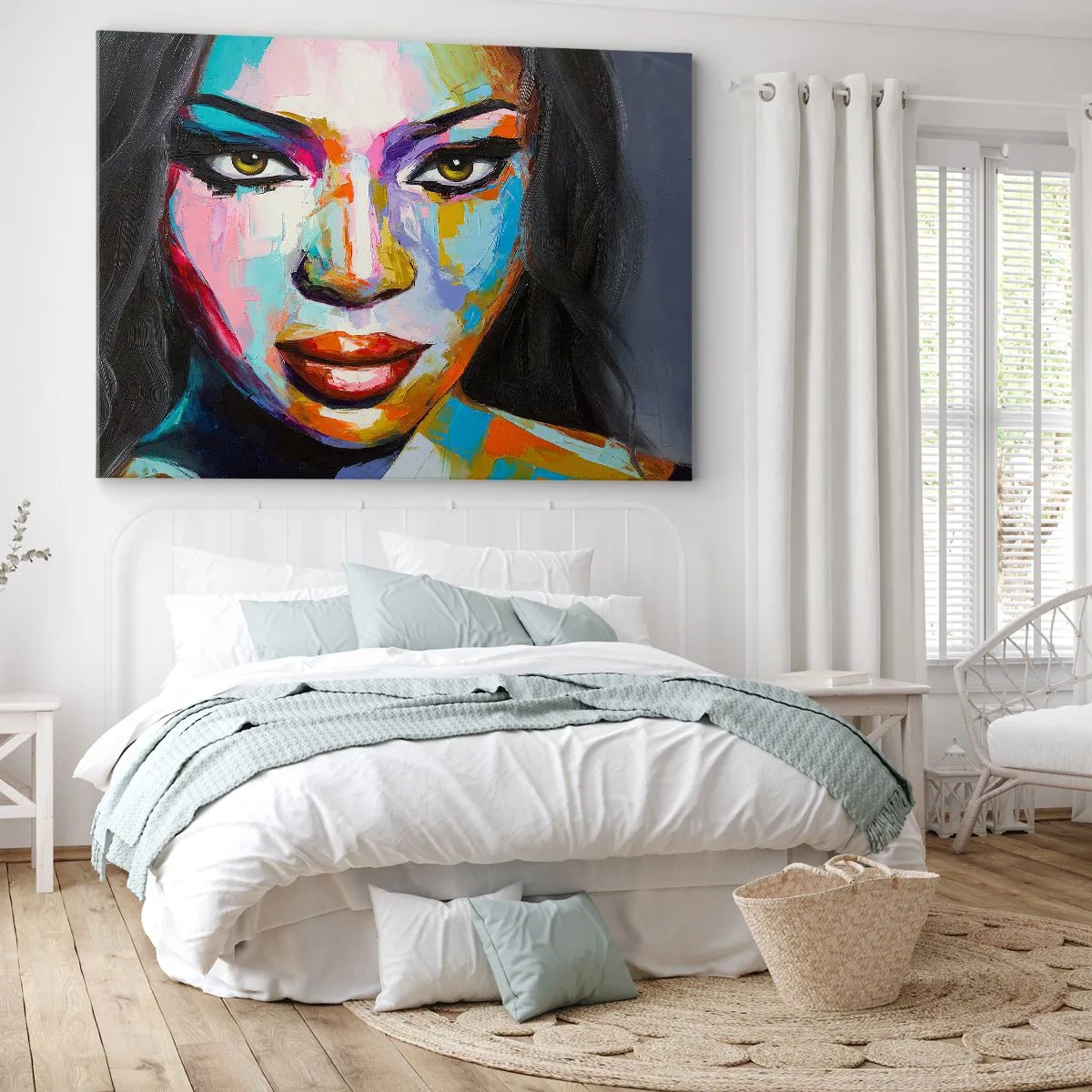 Obraz na plátne - Farebný portrét ženy s intenzívnym pohľadom - 70x50cm - Nejde odtrhnúť oči - Moderná nástenná dekorácia do obývacej izby a spálne ARTTOR