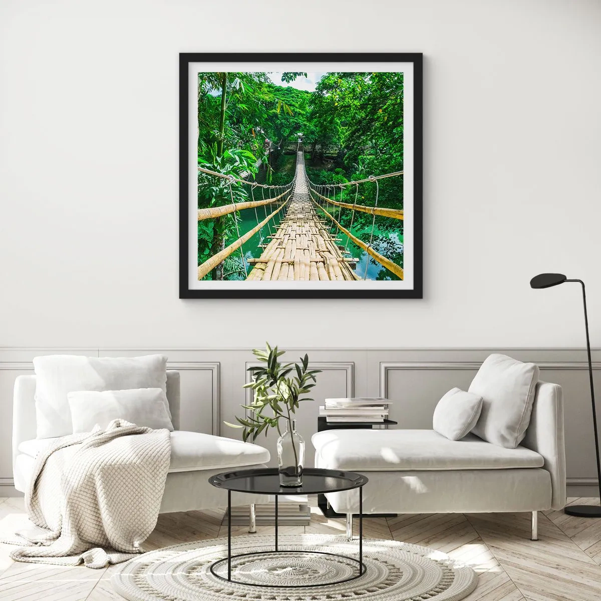 Plagát v čiernom ráme - Opičí most nad zeleňou - 50x50 cm