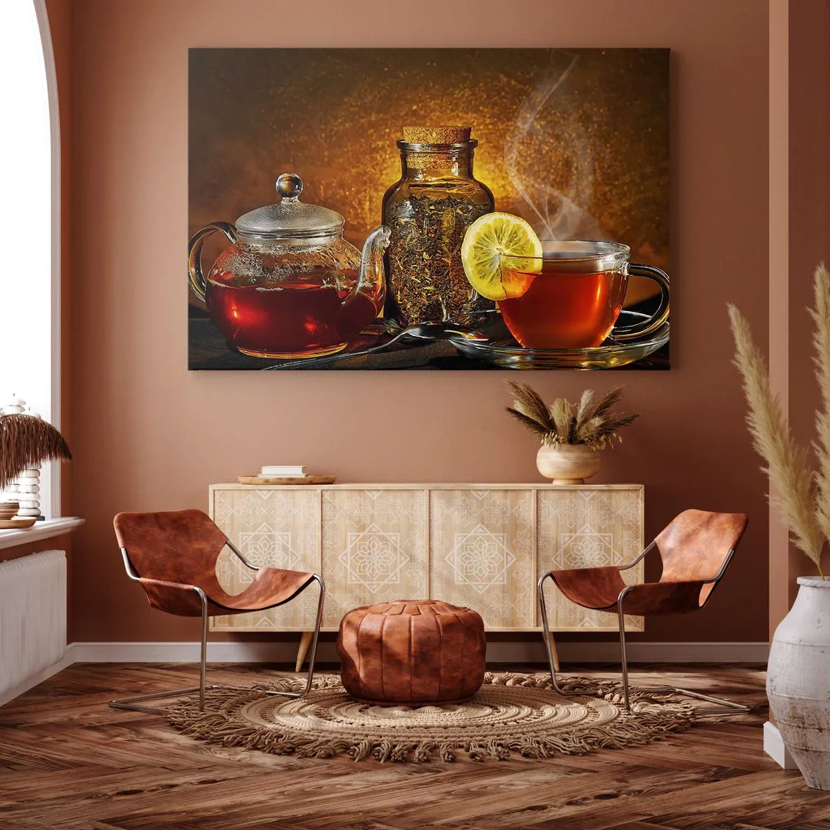 Obraz na plátne - Čaj v sklenenej kanvici s citrónom a sypaným čajom - 70x50cm - V štýle holandských majstrov - Moderná nástenná dekorácia do obývacej izby a spálne ARTTOR