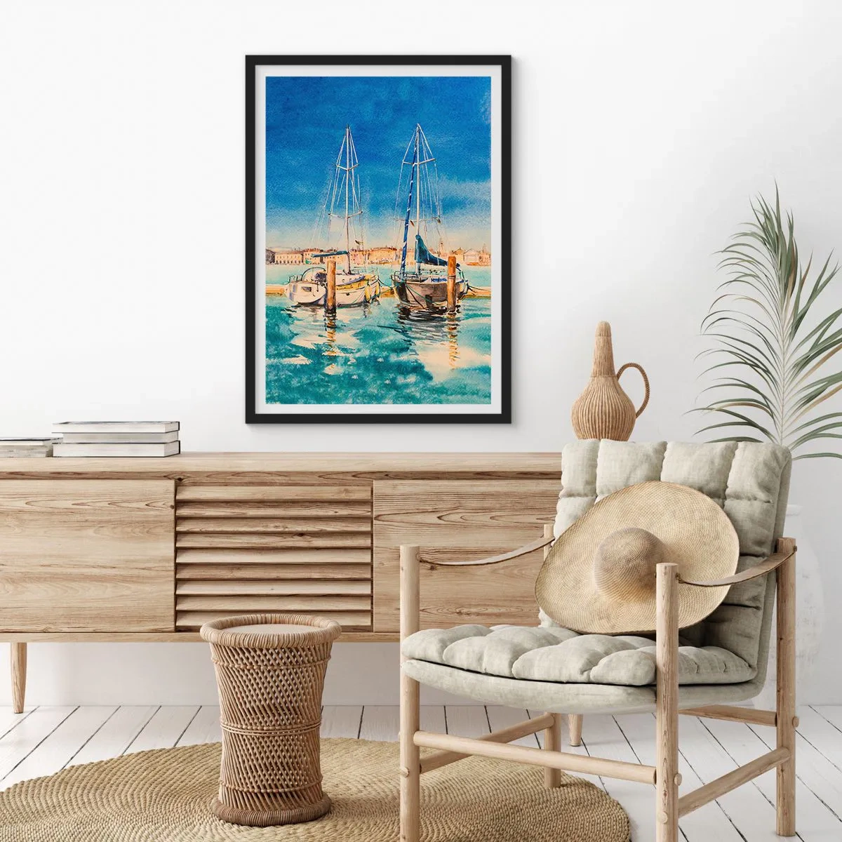 Plagát v čiernom ráme - Akvarelová ilustrácia plachetníc na pozadí modrej lagúny za slnečného dňa. - 50x70cm - Slnečná lagúna - Moderná nástenná dekorácia do obývacej izby a spálne ARTTOR