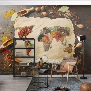 Fototapeta Premium Canvas - Všetky chute sveta - Gastronómia, Mapa sveta, Sušené korenie - 250x175 cm
