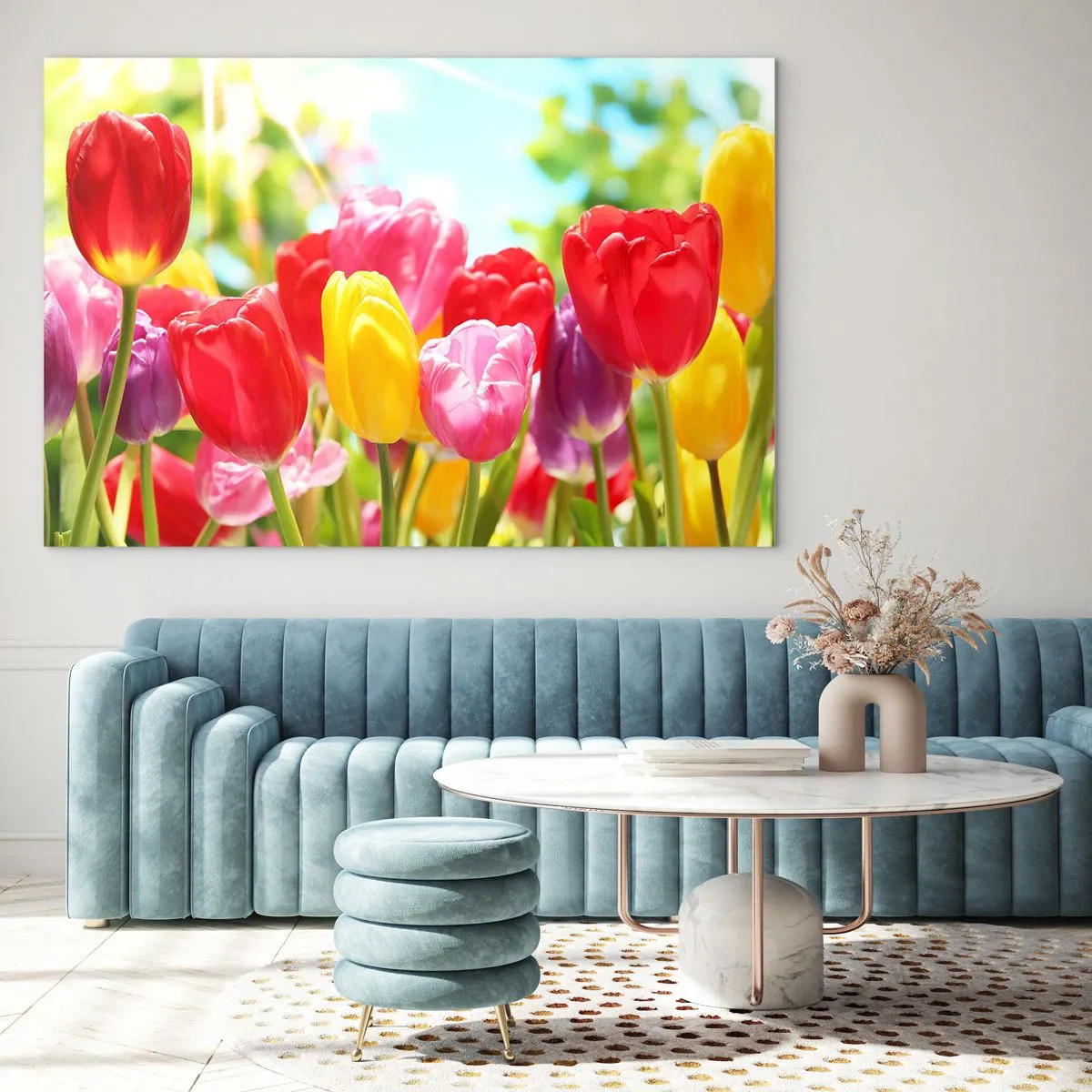 Obraz na skle - Farebné tulipány vo svetle jarného slnka - 70x50cm - To sme my, farby mája! - Moderná nástenná dekorácia do obývacej izby a spálne ARTTOR
