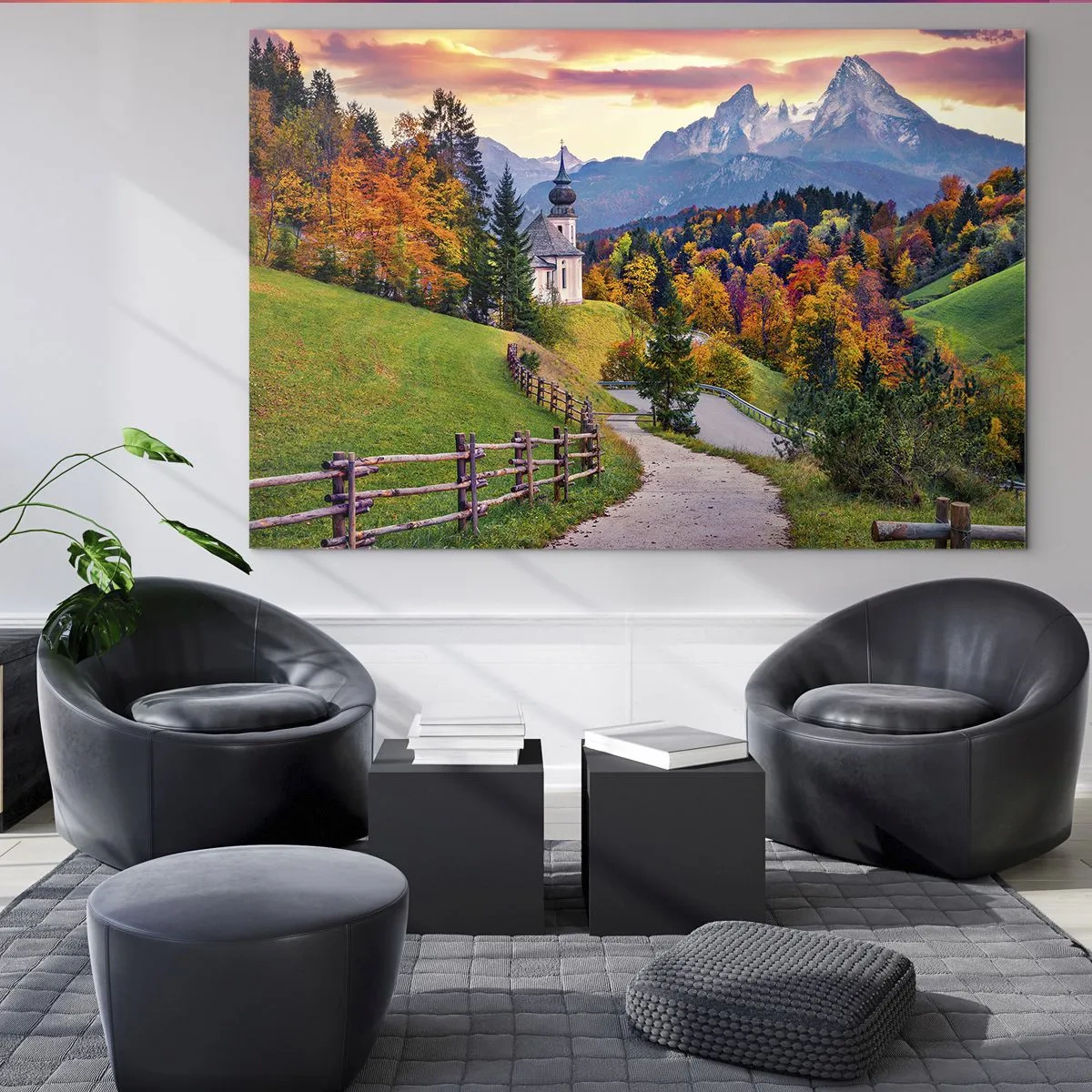 Obraz na skle - Jesenná horská krajina s kostolom a cestou vedúcou cez kopce - 70x50cm - Úplne ideálna krajina - Moderná nástenná dekorácia do obývacej izby a spálne ARTTOR