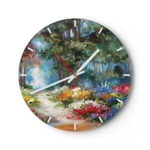 Nástenné hodiny - Farebná záhrada s kvetmi a stromami v pozadí - 30x30cm - Lesná záhrada, kvetinový les - Moderná nástenná dekorácia do obývacej izby, kuchyne a spálne ARTTOR