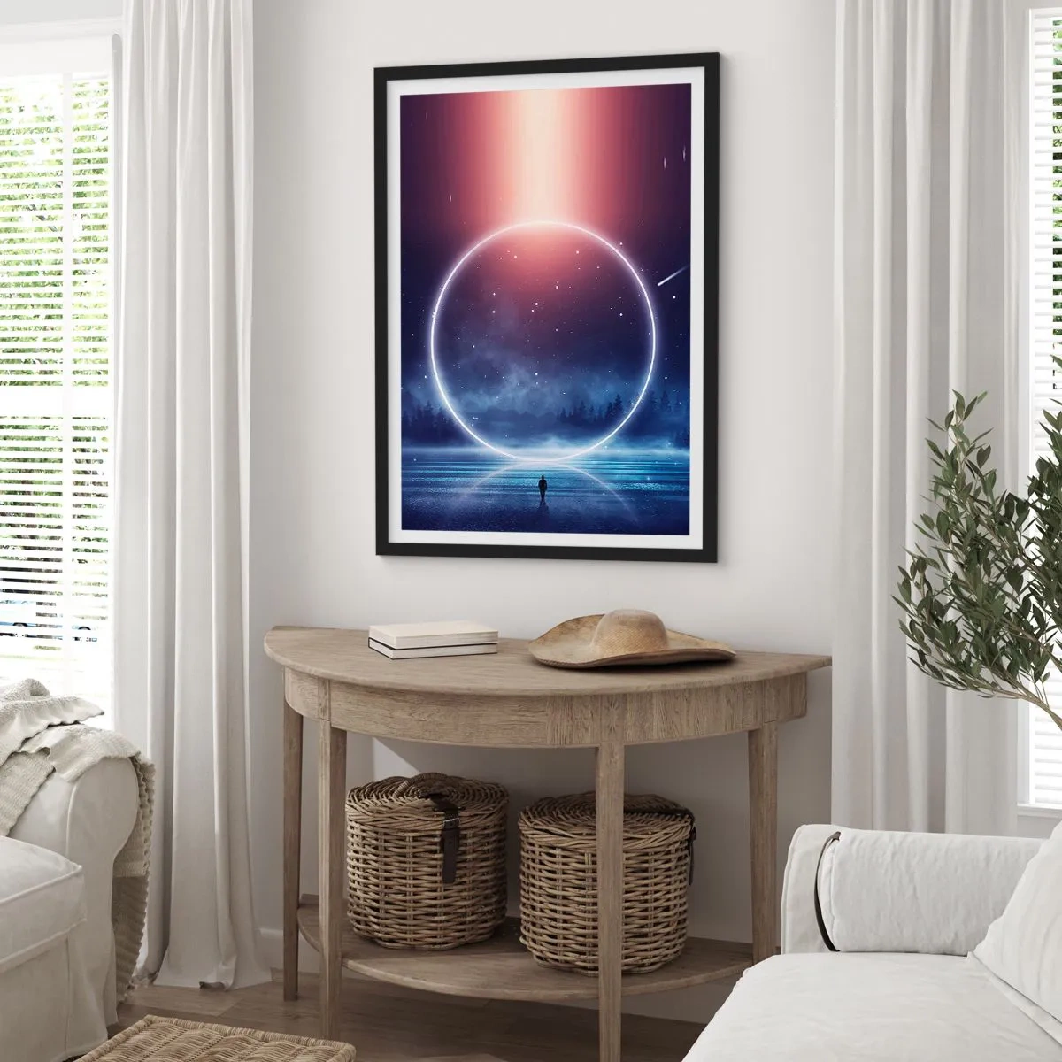Plagát v čiernom ráme - Silueta osoby v kruhu svetla na pozadí hviezd - 50x70cm - Už sú tu... - Moderná nástenná dekorácia do obývacej izby a spálne ARTTOR