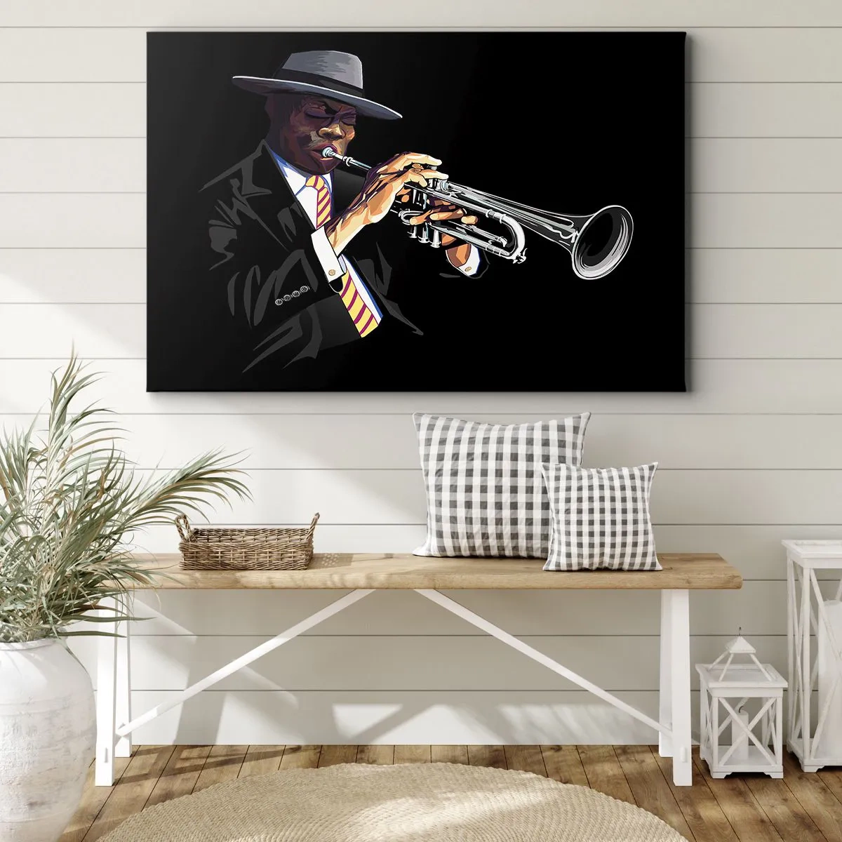 Obraz na plátne - Hudobník hrajúci na trúbku na čiernom pozadí - 70x50cm - Kúzlo starej školy - Moderná nástenná dekorácia do obývacej izby a spálne ARTTOR
