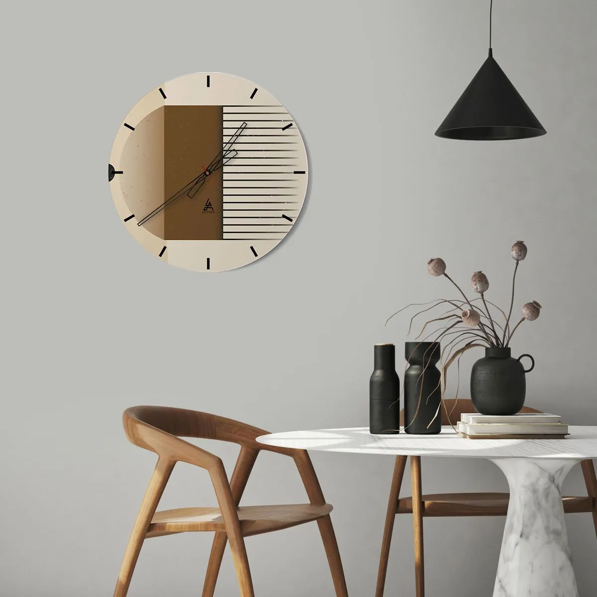 Nástenné hodiny - Geometrická kompozícia s hnedými obdĺžnikmi a čiarami na béžovom pozadí. - 30x30cm - Rôzne stavy - Moderná nástenná dekorácia do obývacej izby, kuchyne a spálne ARTTOR