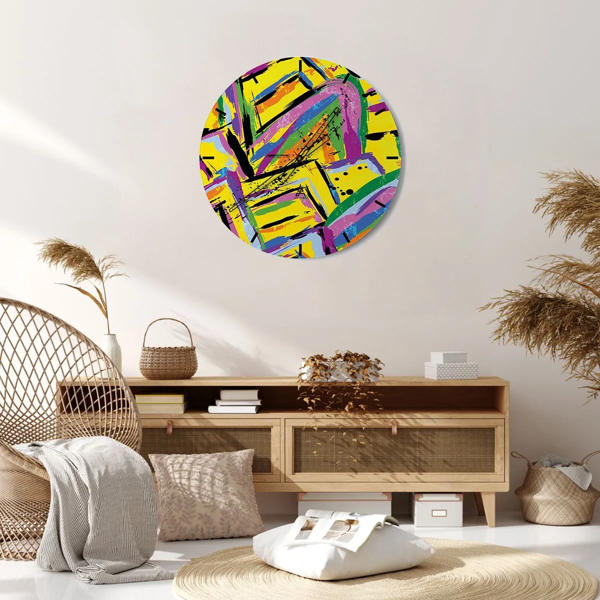 Nástenné hodiny - Farebný abstraktný vzor s geometrickými čiarami - 30x30cm - Až kričí radosťou - Moderná nástenná dekorácia do obývacej izby, kuchyne a spálne ARTTOR