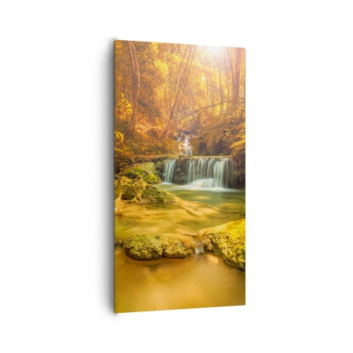 Obraz na plátne - Lesný vodopád v zlate - 65x120 cm