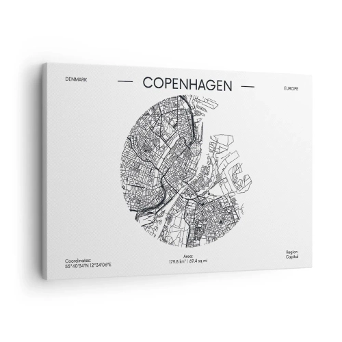 Obraz na plátne - Mapa Kodane v minimalistickom čiernobielom štýle. - 70x50cm - Anatómia Kodane - Moderná nástenná dekorácia do obývacej izby a spálne ARTTOR