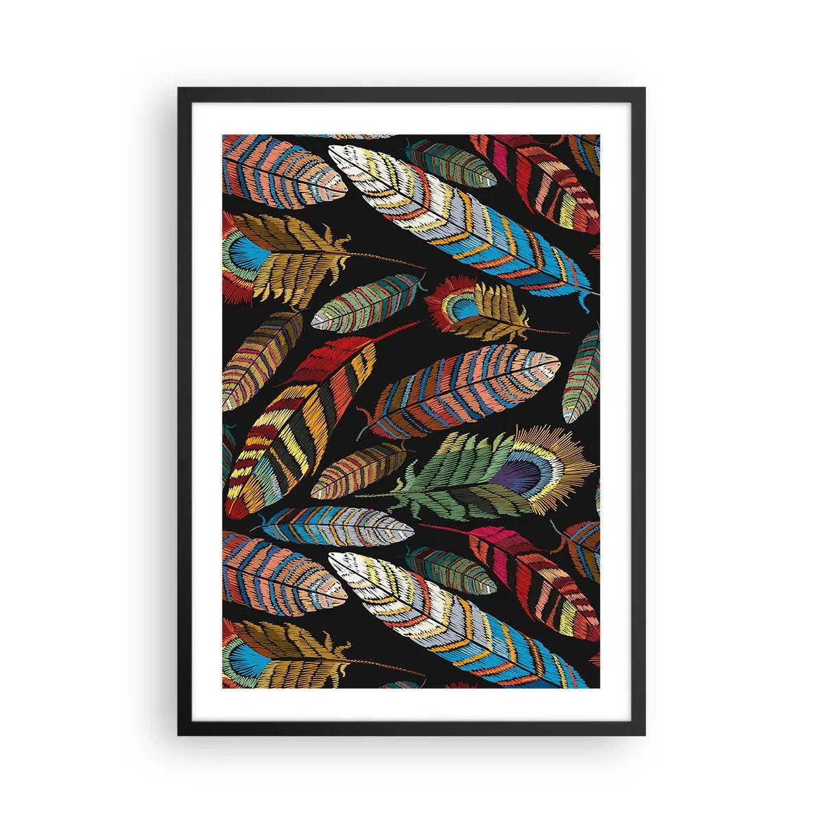 Plagát v čiernom ráme - Farebné perie na čiernom pozadí - 50x70cm - Vtáčí karneval - Moderná nástenná dekorácia do obývacej izby a spálne ARTTOR