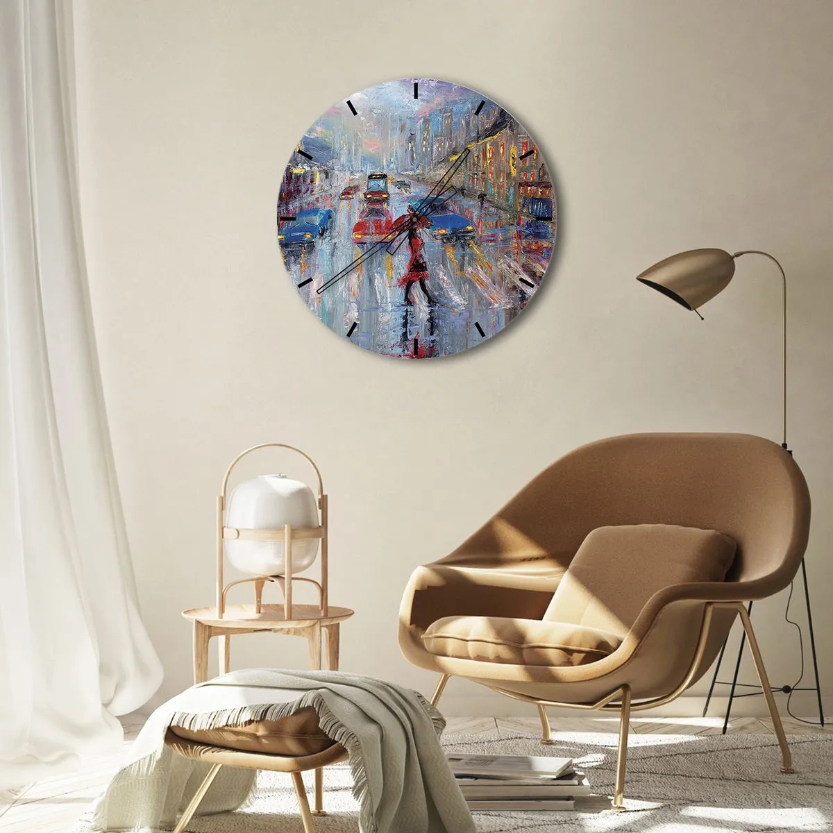 Nástenné hodiny - Mestská ulica v daždi s farebnými svetlami - 30x30cm - Daždivé popoludnie v meste - Moderná nástenná dekorácia do obývacej izby, kuchyne a spálne ARTTOR