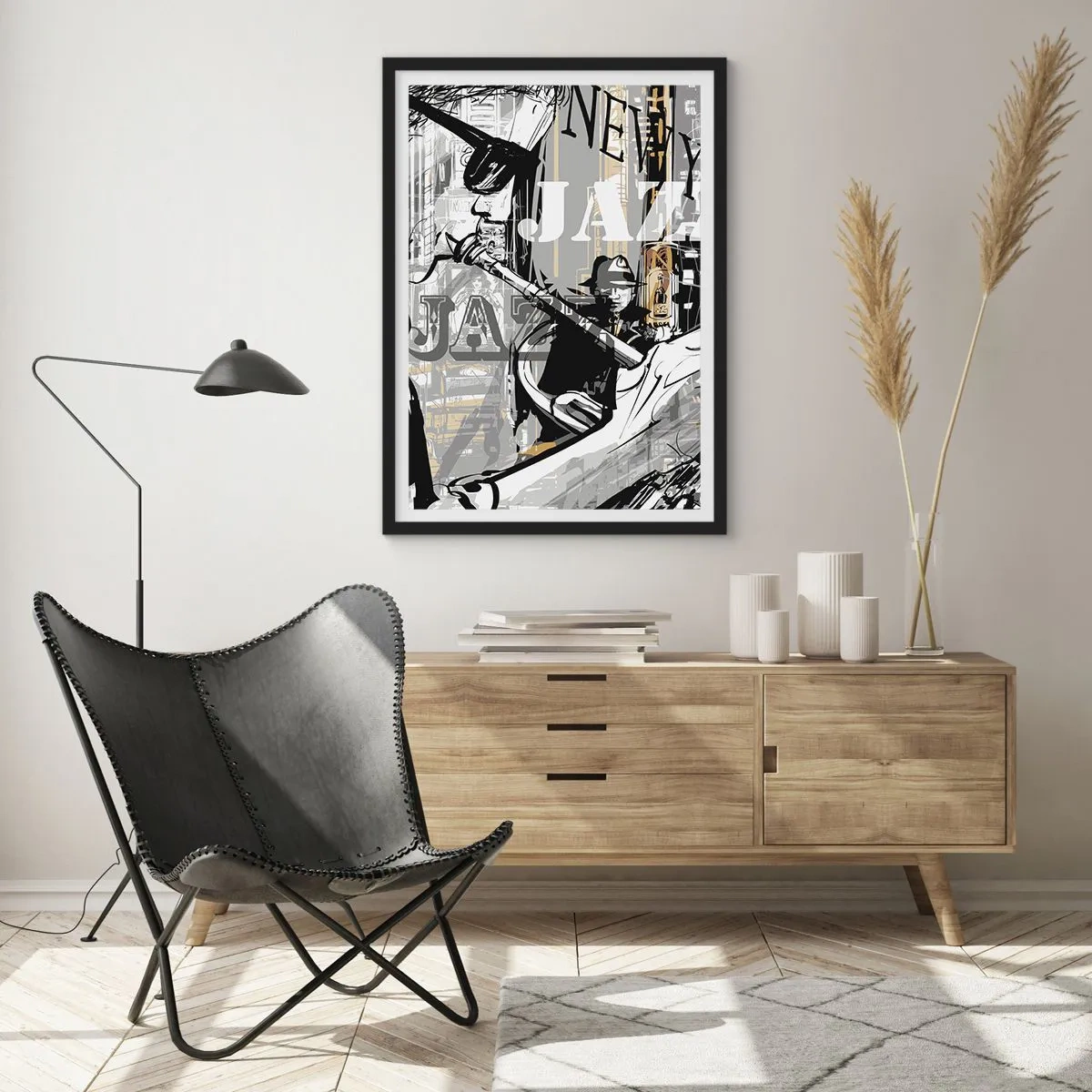 Plagát v čiernom ráme - Umelecká kompozícia inšpirovaná jazzom - 50x70cm - V rytme New Yorku - Moderná nástenná dekorácia do obývacej izby a spálne ARTTOR